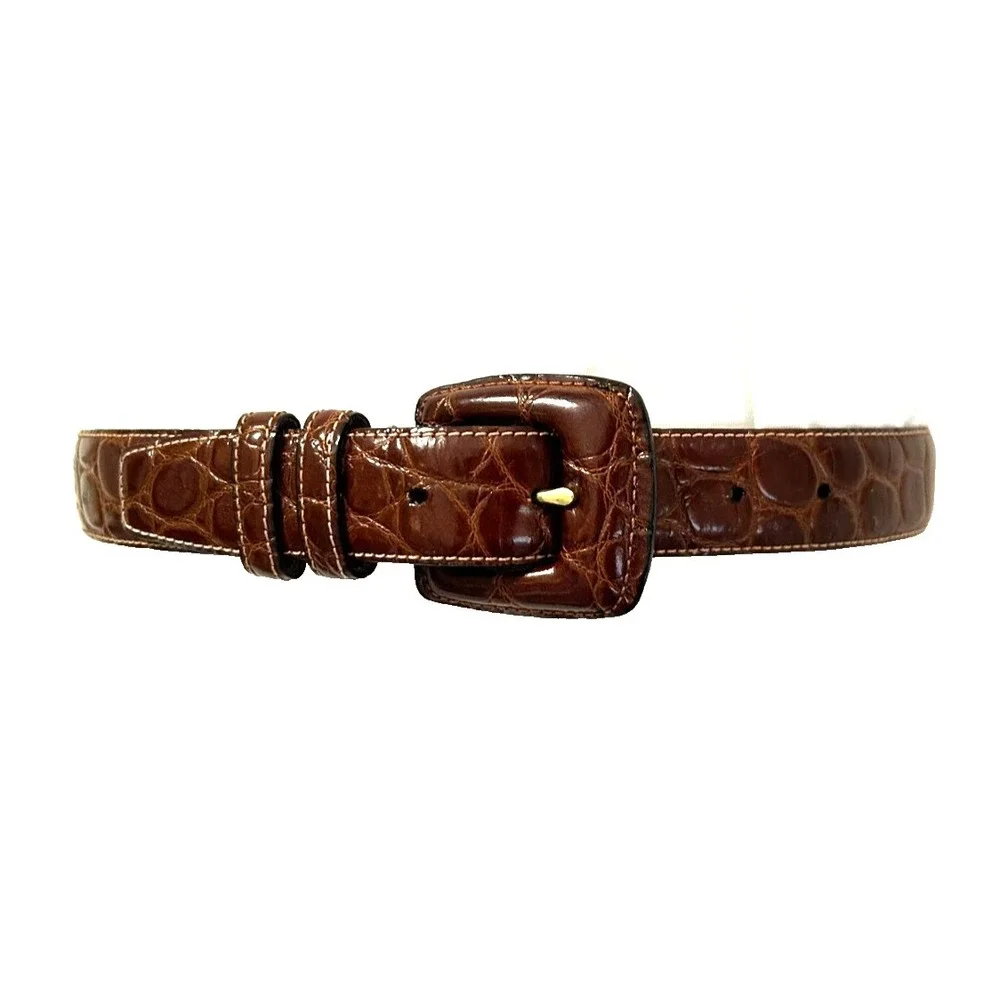 Vintage Brown Croc Embossed Italian Leather Belt Made In USA Small 29 NEW